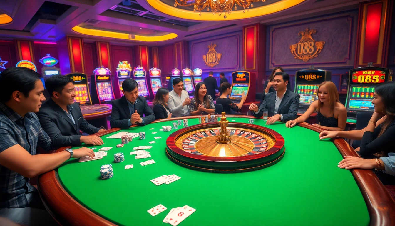 Experience the excitement of u88 casino gameplay at an opulent casino table with vibrant chips and cards.