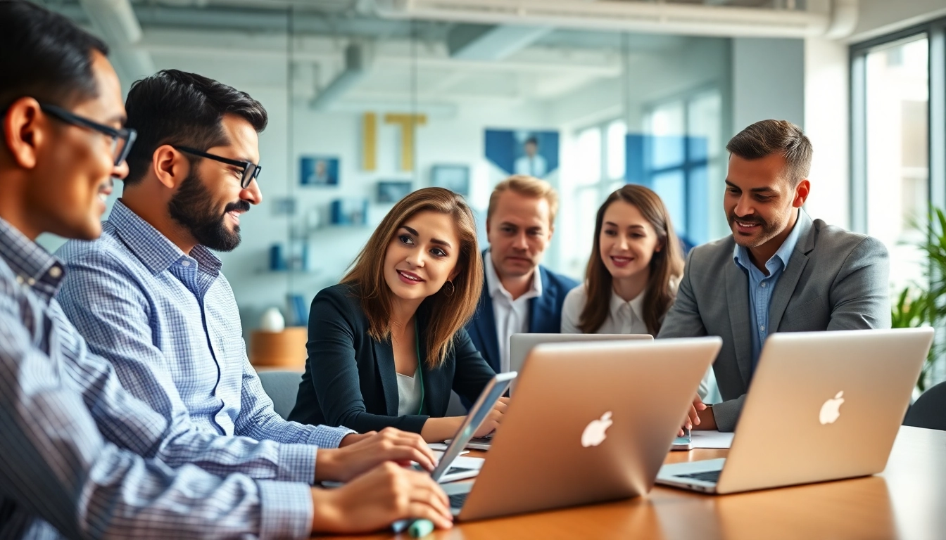 Headhunter IT team collaborating in a modern office environment with multiple laptops.