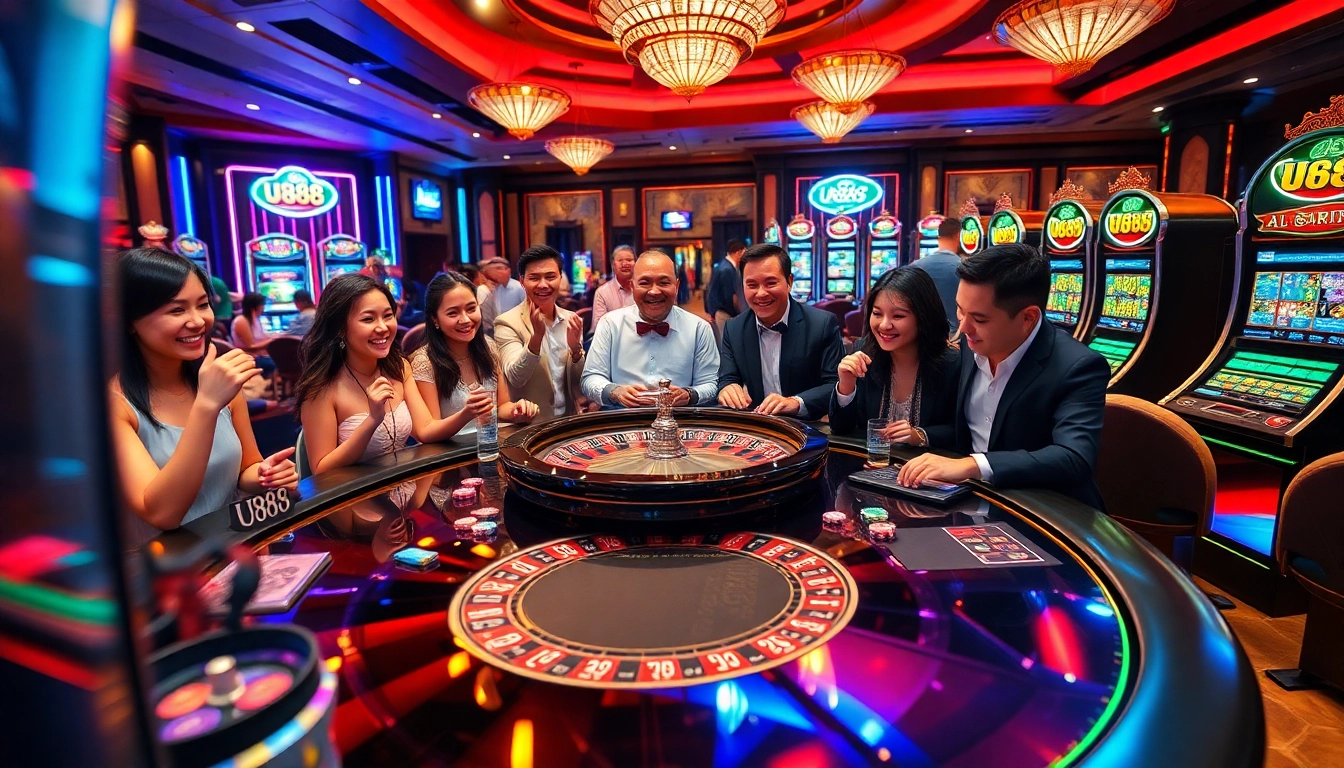 Players enjoying high-stakes games at the U888 casino, featuring vibrant slot machines and a roulette table.