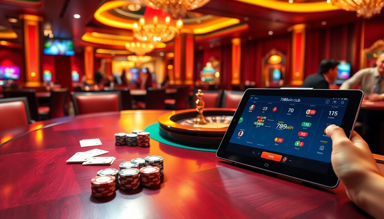 Engaging players at the 789win club poker table surrounded by vibrant casino elements.