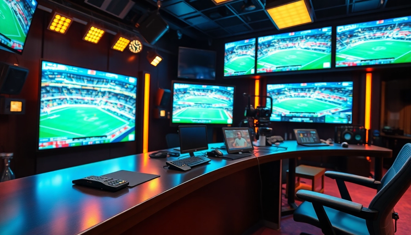 Captivating scene of Sports Broadcasting studio showcasing advanced equipment and live events.