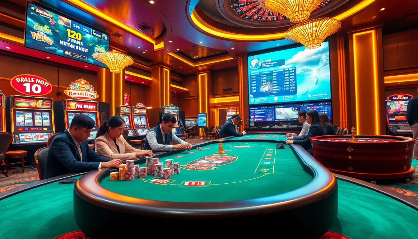 Engaging players at Nhà cái Jun88 enjoying various casino games in an elegant setting.