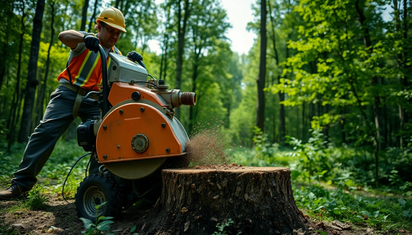 Forstarbeiter, der einen Baumfräser verwendet, um einen Baumstumpf in einem üppigen Wald zu zerkleinern.