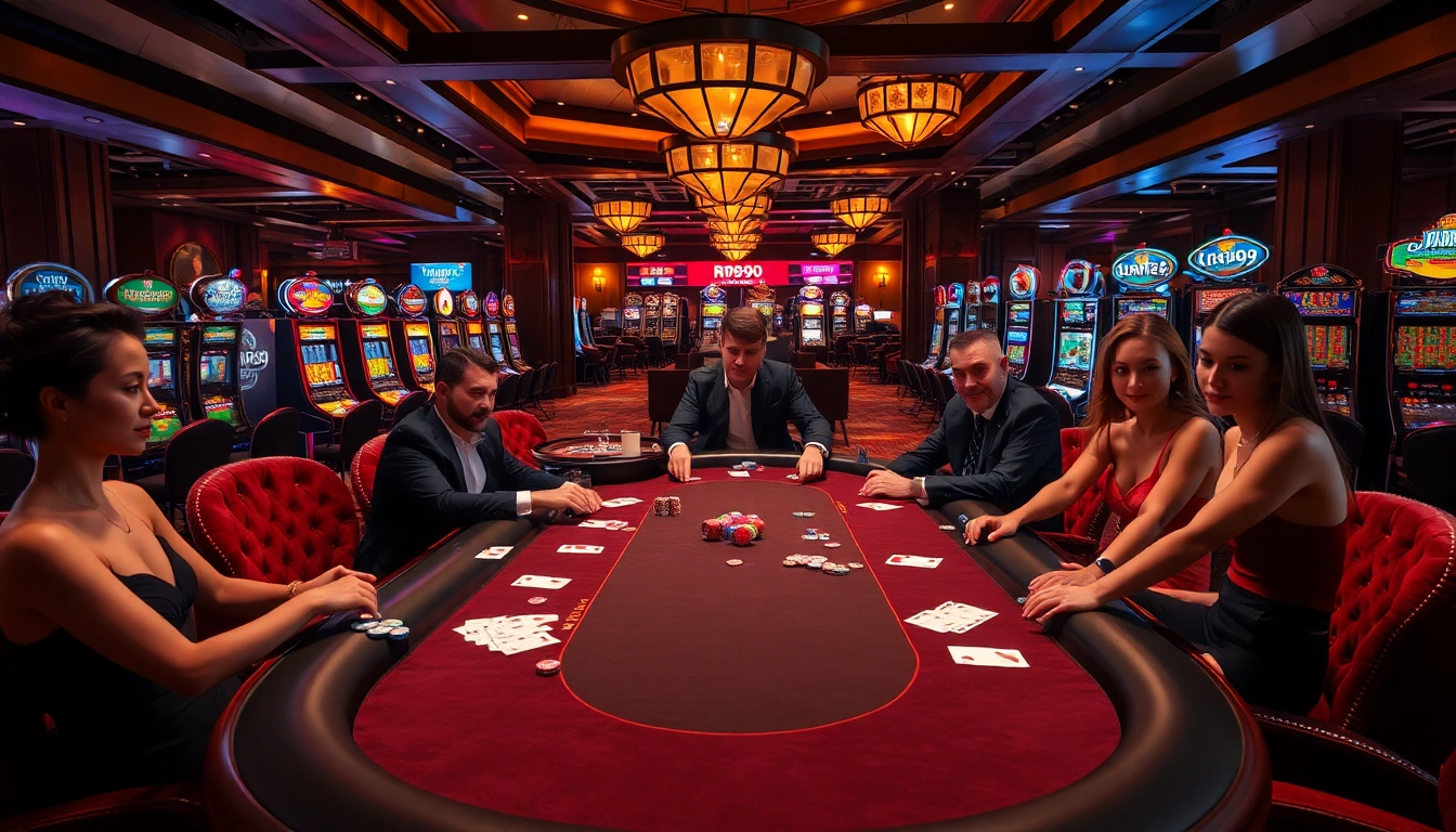 Experience the thrilling atmosphere at RR99 Casino, featuring sleek poker tables and vibrant slot machines.