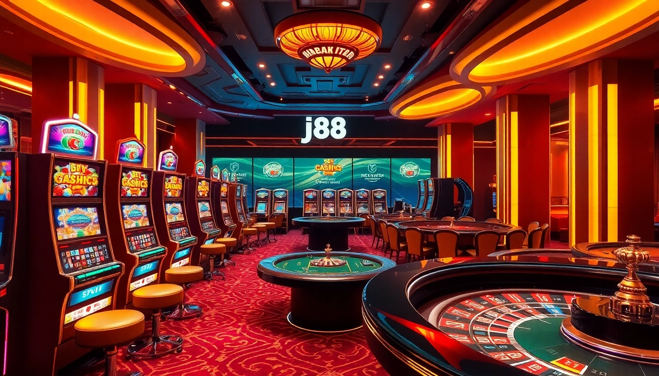 Experience the thrill of the j88 app in a luxurious casino setting filled with vibrant slot machines and poker tables.