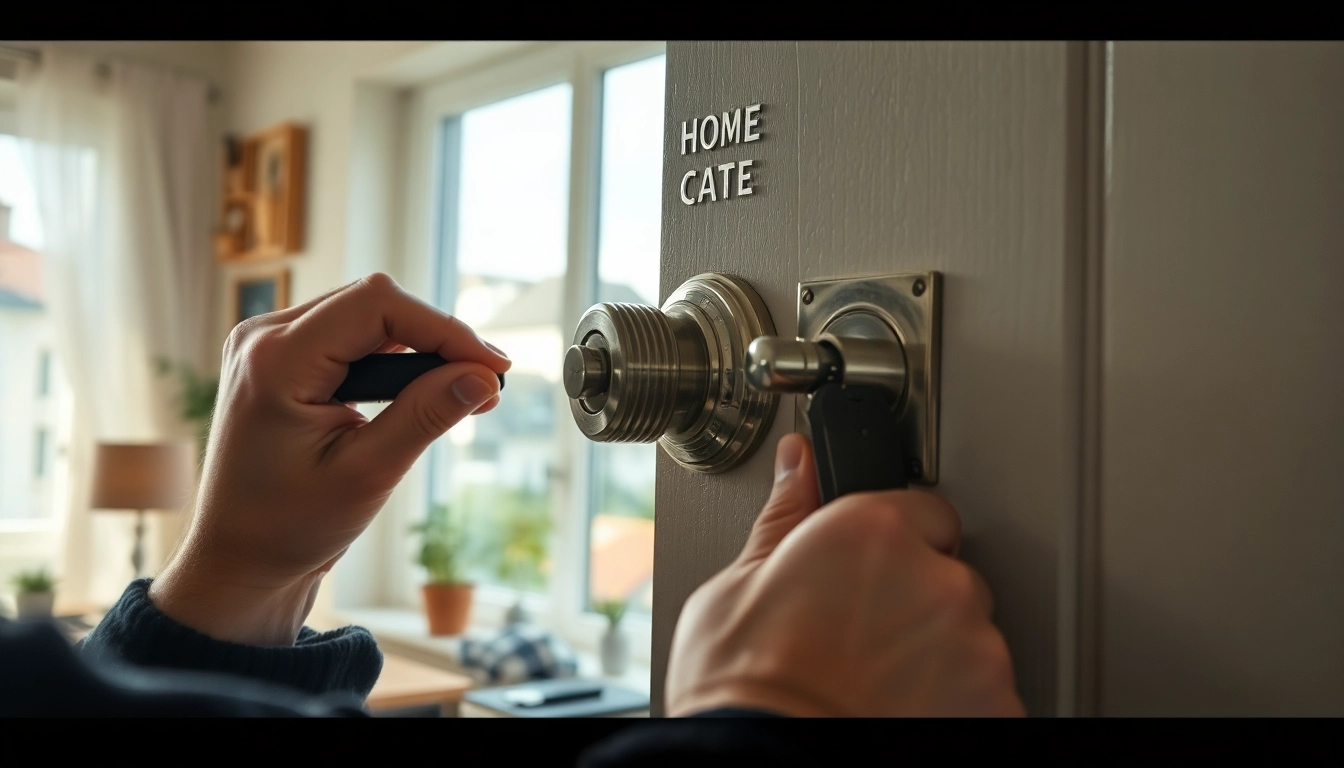 Schlüsselnotdienst Berlin: Lock expert efficiently fixing a door lock in a residential area.