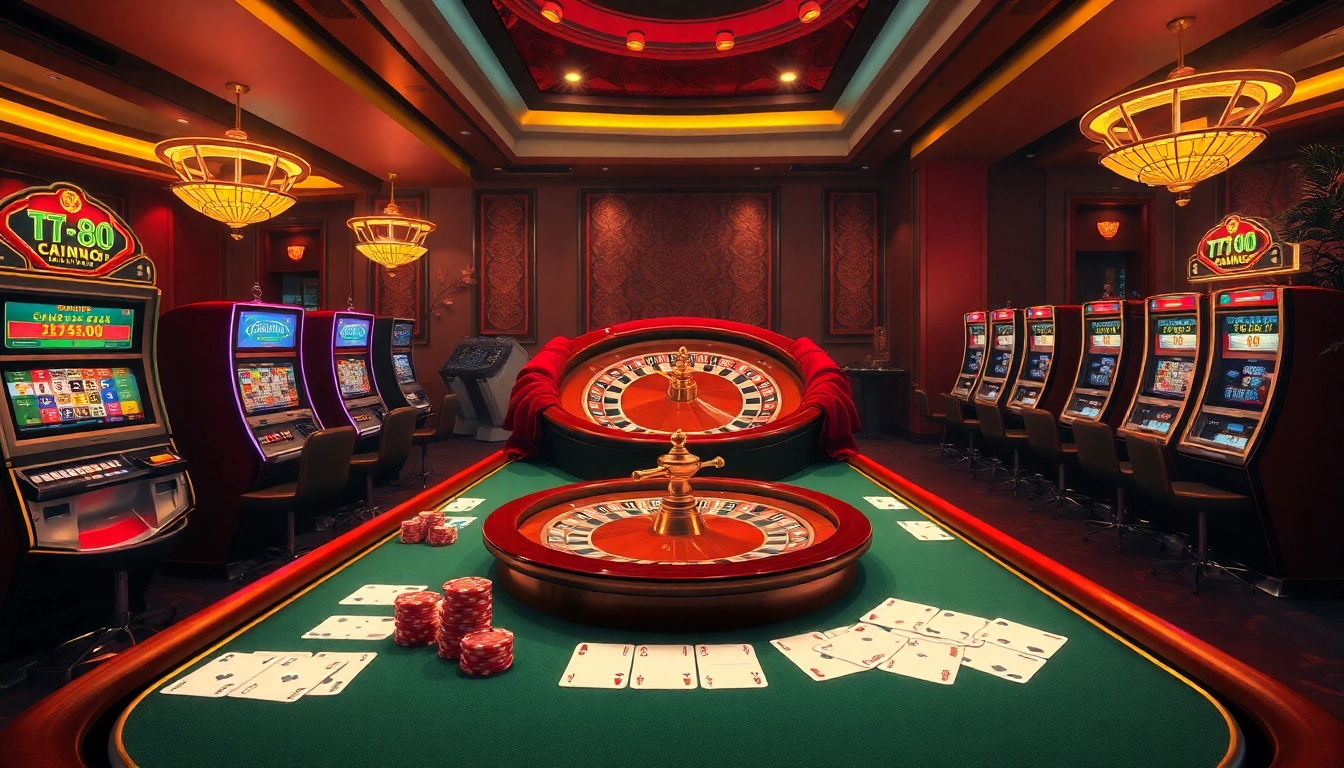 Engaging players with Game TT88 at a vibrant casino scene featuring slot machines and poker tables.
