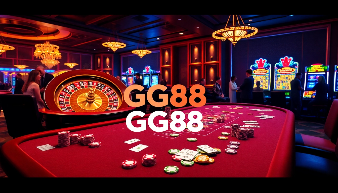 Experience the thrill of GG88 at a luxurious casino table, surrounded by vibrant gaming elements.