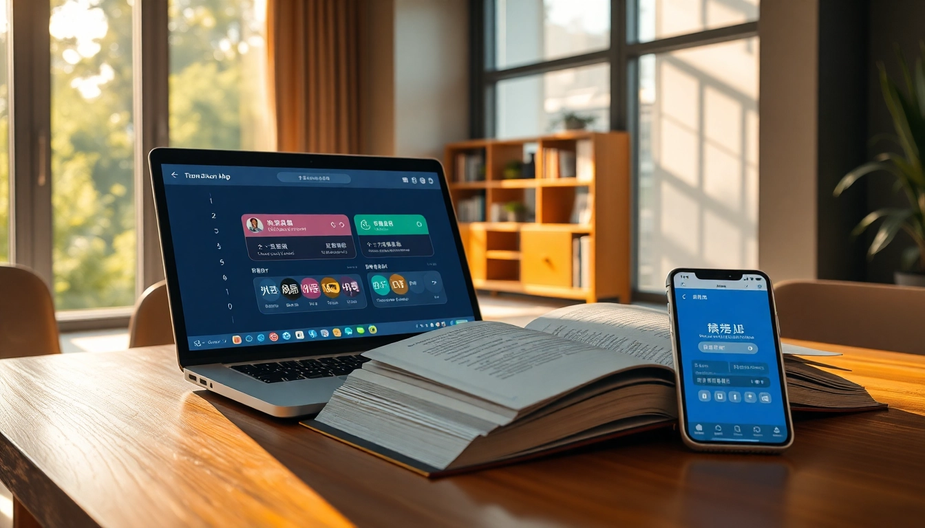 A modern study area featuring the 有道 translation app on a laptop and smartphone, showcasing innovative learning.