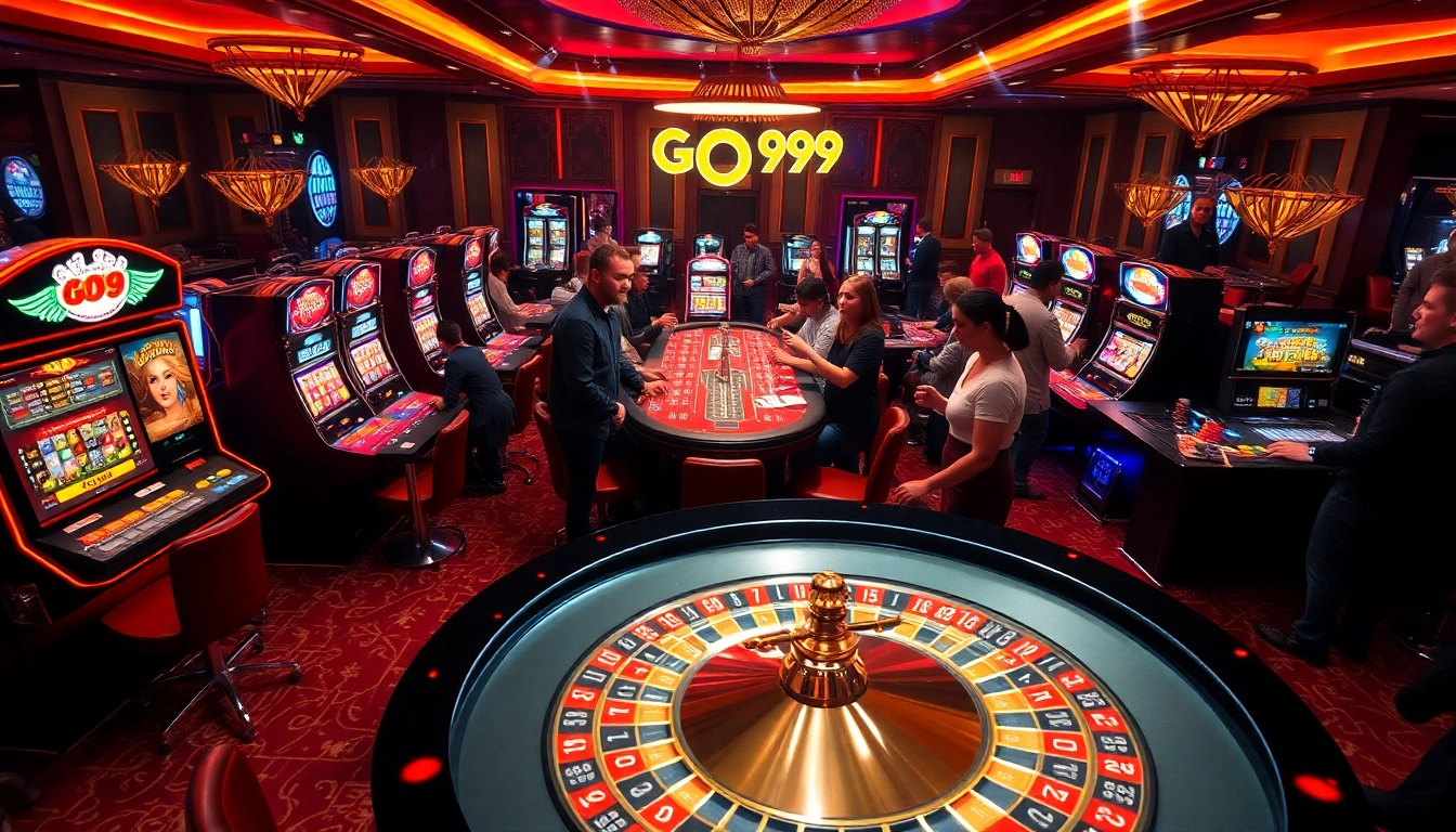 Players engaging in thrilling games at GO99's luxurious gaming tables and slot machines.