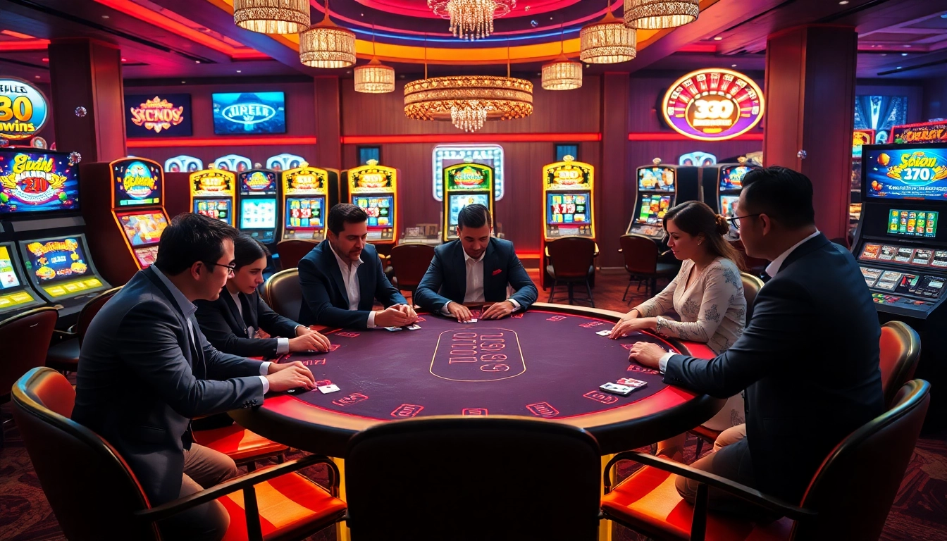 Experience an engaging poker game at 33win with vibrant slot machines and luxurious casino decor.