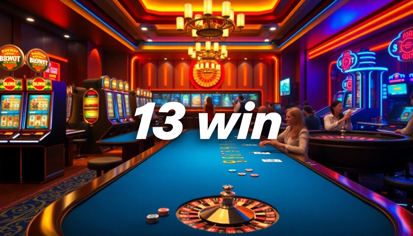 Engaged players at the 13win nhà cái online casino, enjoying vibrant slot machines and poker tables amidst luxurious surroundings.