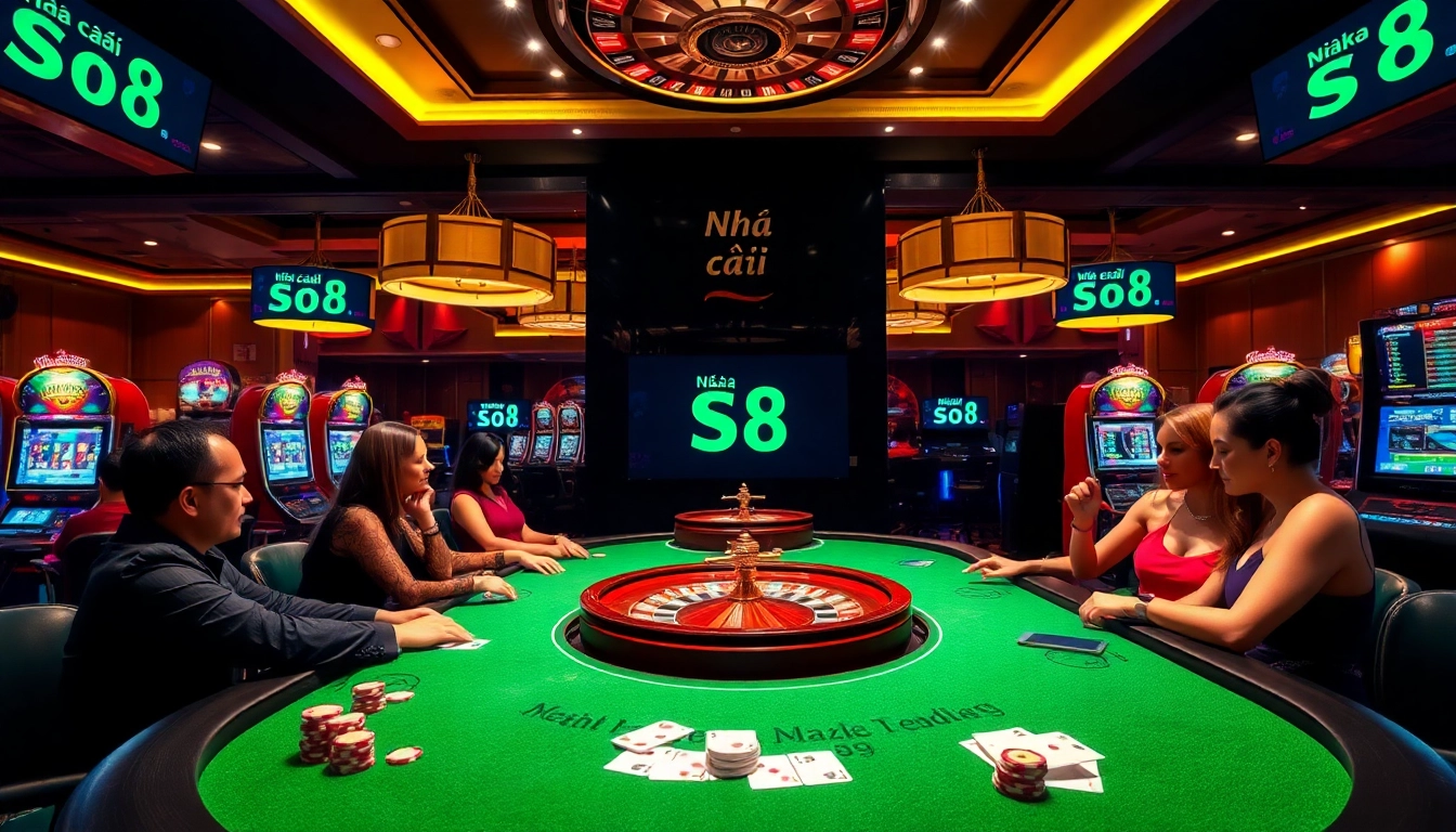 Exciting poker game at Nhà cái S8, featuring vibrant casino elements and energetic players.