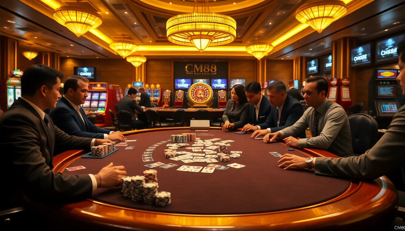 Engage with the thrill of CM88 at a lavish casino poker table filled with excitement.