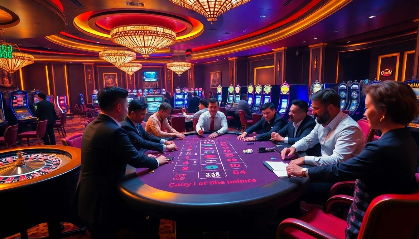 Players enjoying a thrilling game at C168 OKVIP casino, surrounded by slots and poker tables.