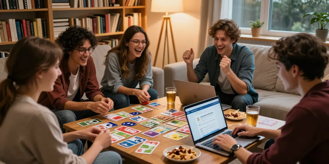 Engaged friends playing Quiz Allgemeinwissen trivia game together in a cozy living room, emphasizing fun and learning.
