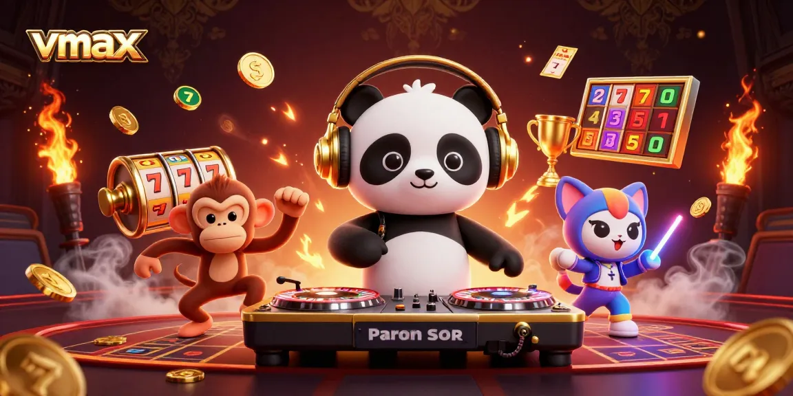 Experience vibrant vmax casino action with a DJ panda and animated characters in a lively scene.