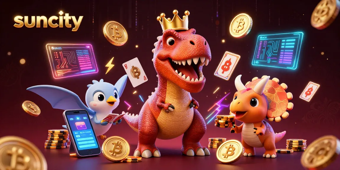 Experience thrilling fun at Suncity, where a friendly T-Rex plays cards amidst dazzling casino elements.