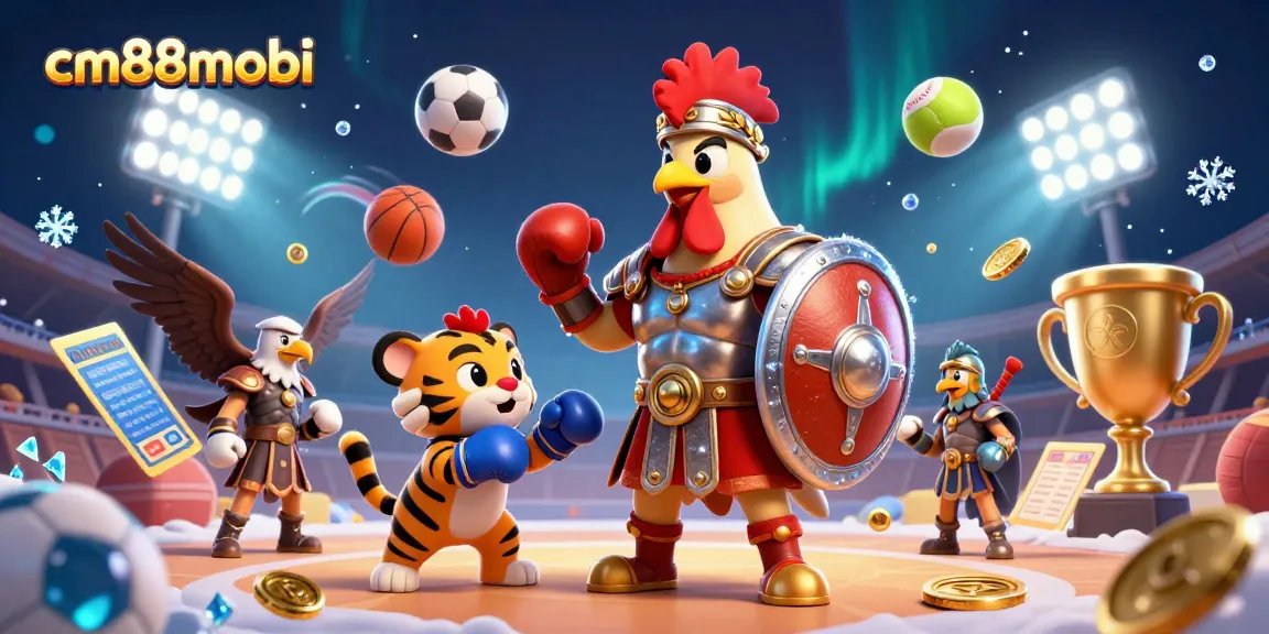 Engage with cm88mobi's exciting casino adventure featuring a gladiator rooster and lively sports elements.