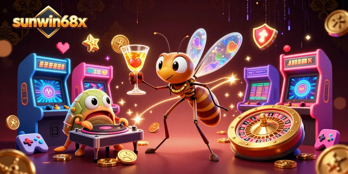 Experience the excitement of sunwin68x with a lively casino scene featuring unique characters and gaming elements.
