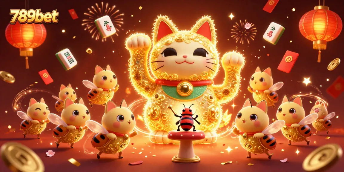 Engage with 789bet's vibrant casino scene featuring a giant lucky cat made of golden fireflies.