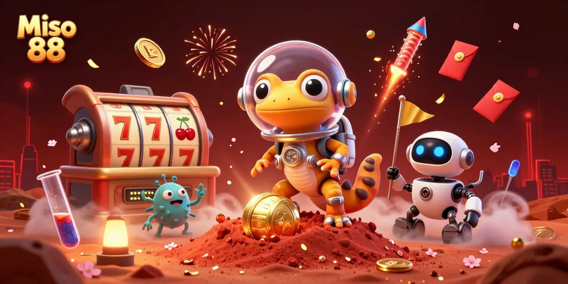 Miso 88 invites players with its vibrant slot reels, jackpot counters, and a Martian gecko discovering treasures.