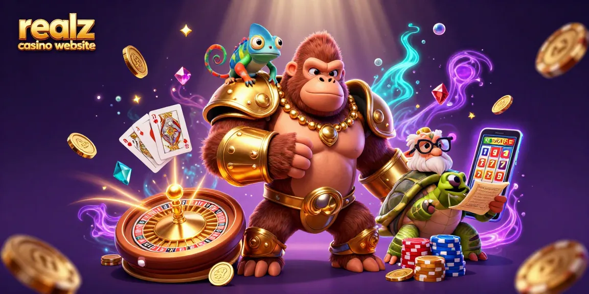Aktionen im realz casino website: King Gorilla und kluge Schildkröte in 3D-Casino-Szene.
