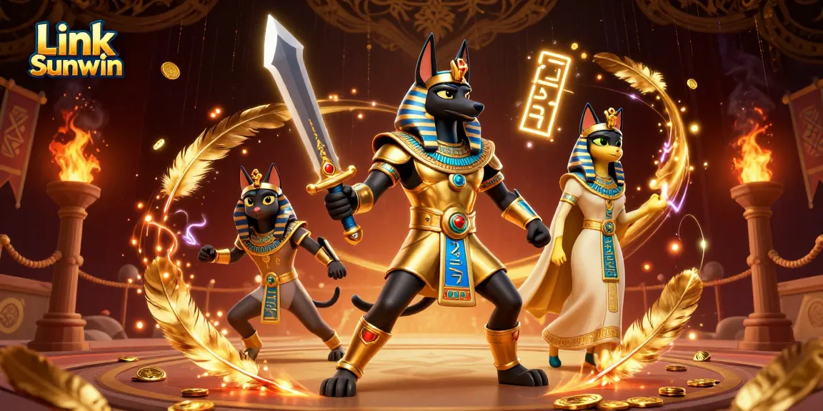 Bet on exciting adventures with Link Sunwin in this 3D casino illustration featuring Anubis and Bastet.