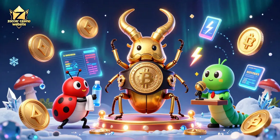 Erlebe die Spannung der zoccer casino website mit einem kämpfenden Käfer und lebhaften Kryptowährungen im Hintergrund.