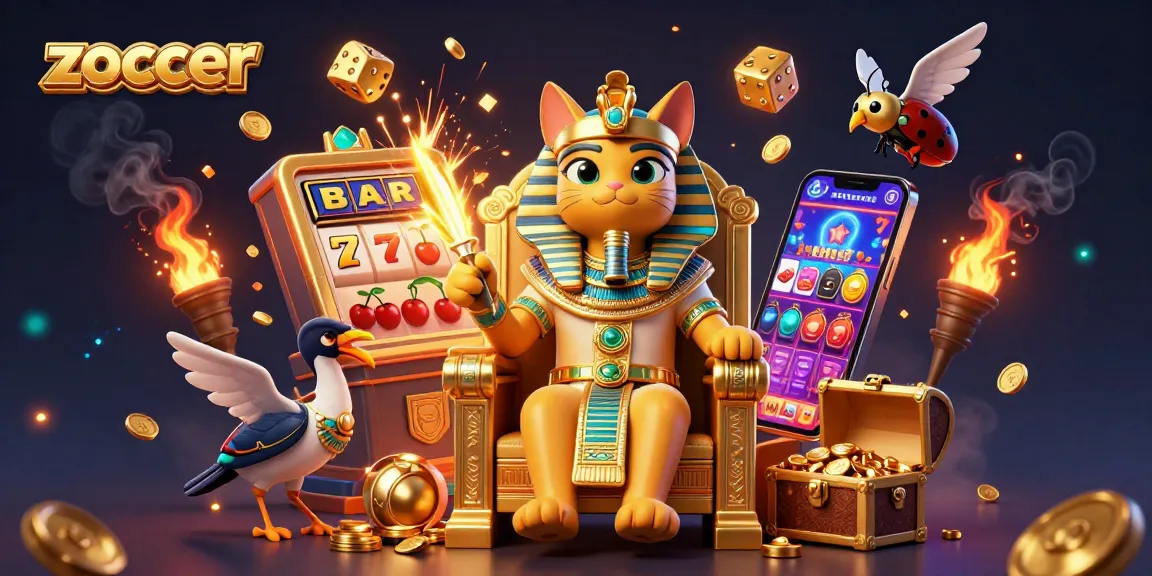 Zoccer showcases an Egyptian pharaoh cat in a lively casino scene, capturing the thrill of jackpot excitement.