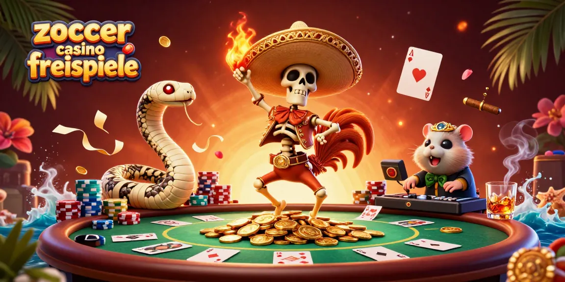 Zoccer casino freispiele highlight dynamic gaming scene with lively characters, poker elements, and vibrant details.