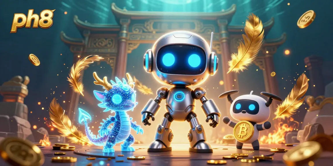 Experience thrilling gaming at ph8 with a vibrant casino scene featuring a robot mascot, AI dragon, and bitcoin drone.