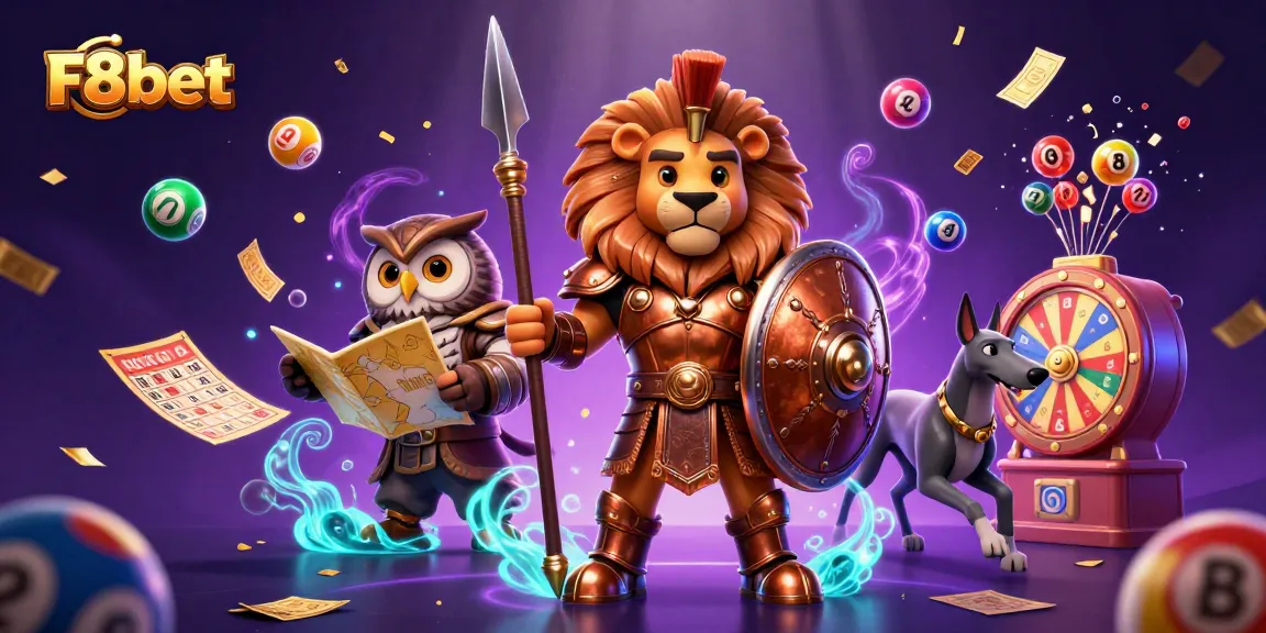 Experience the thrill of gaming with F8bet through a dynamic 3D casino illustration featuring vibrant lottery elements.