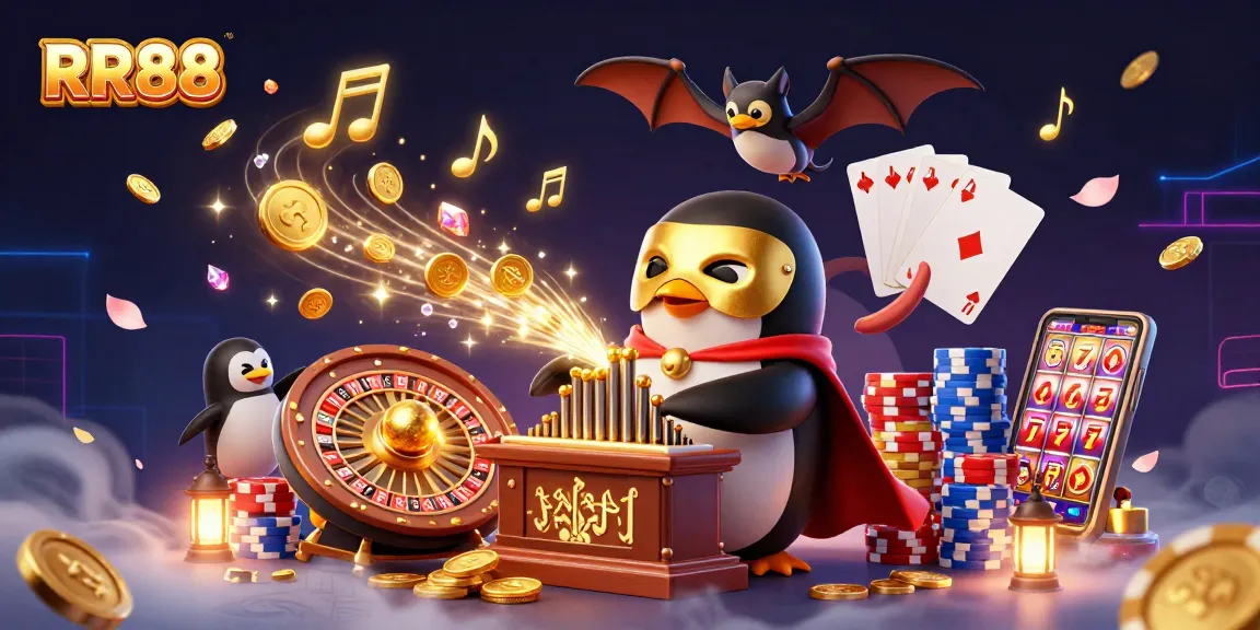RR88 offers a thrilling casino experience with a phantom penguin and golden coins bursting in action.