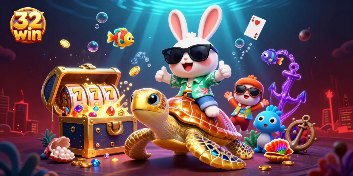 Play 32 win slots with a cartoon lucky rabbit and golden sea turtle in a vibrant underwater casino