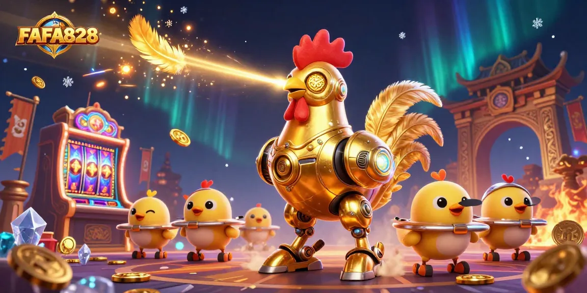 Engage with FAFA828's dynamic casino experience featuring a golden rooster robot and vibrant slots.