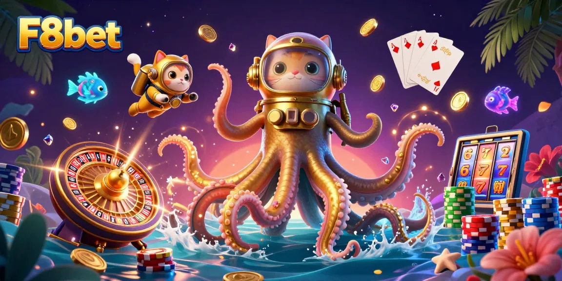 Win with F8bet amidst an exciting scene featuring a kraken and diving cat in a casino world.