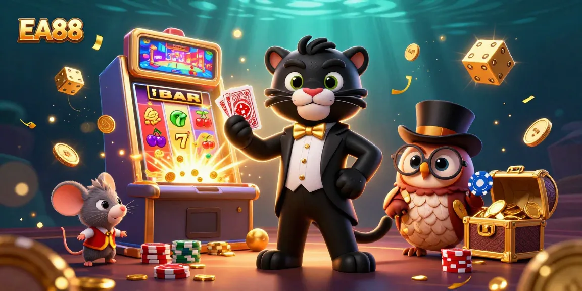 Engage in exciting gaming at EA88 with a stylish panther dealer and lucky characters in a vibrant casino atmosphere.