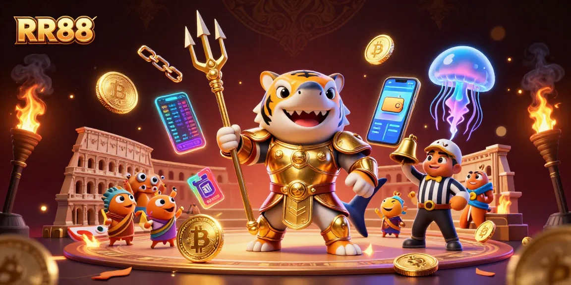 Experience excitement at RR88 with a chaotic underwater gambling arena featuring a trident-wielding shark and crypto coins.