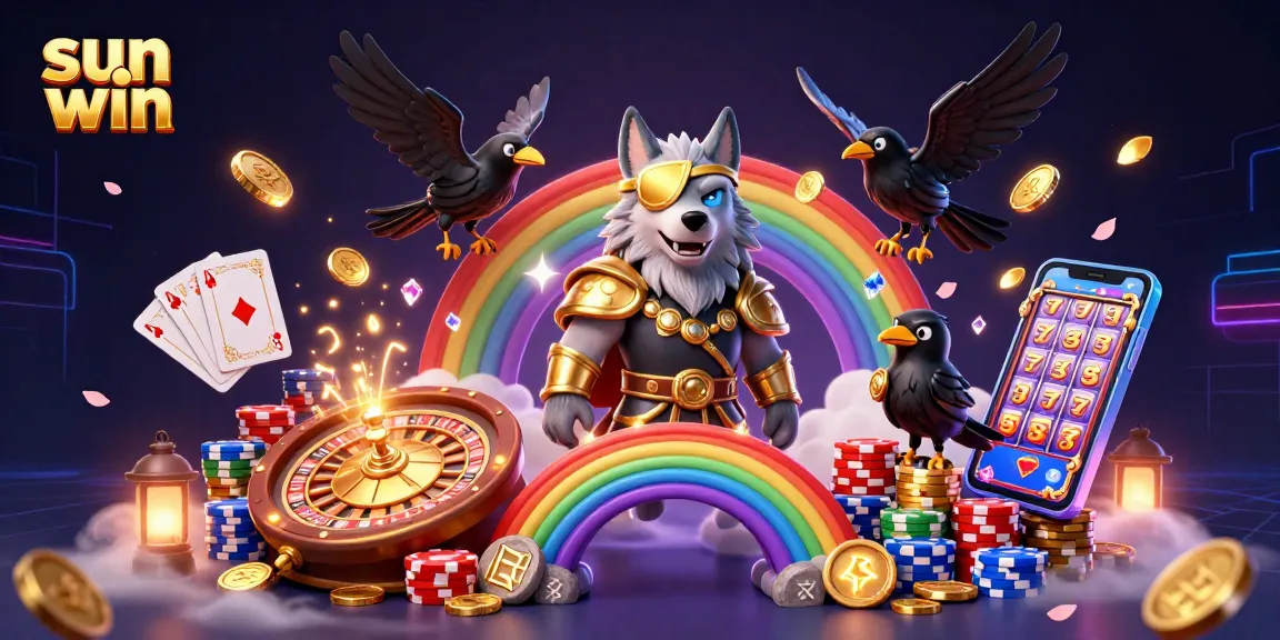 Experience the thrills of sun win with an epic 3D illustration featuring a Norse mythological wolf, ravens, and vibrant casino elements.