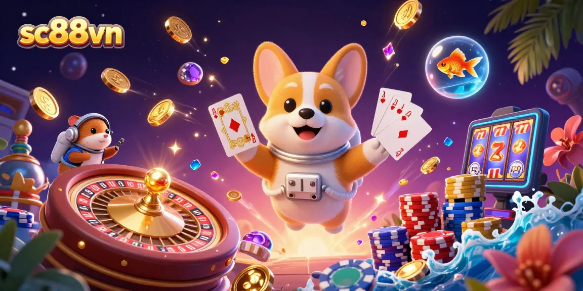 Engage with sc88vn as a corgi astronaut explores a space casino filled with shimmering coins and vibrant games.