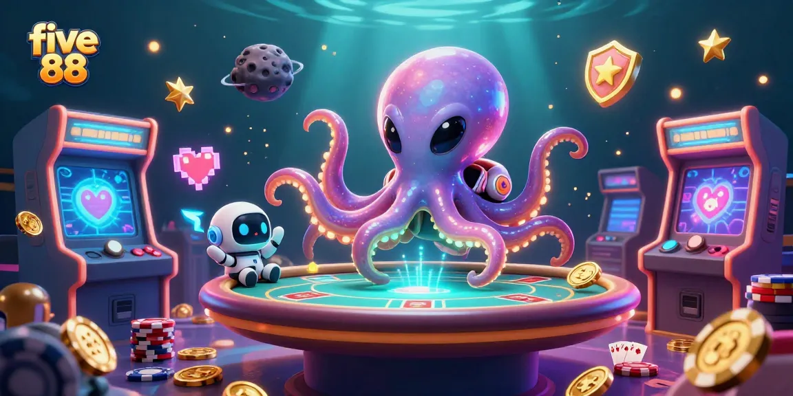 Engage with five 88 as a cartoon alien octopus masterfully deals poker chips in a vibrant, cosmic casino.